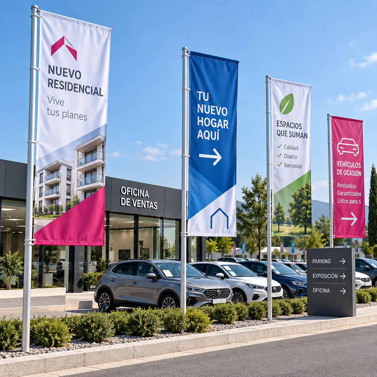 Banderas verticales y banners horizontales para inmobiliarias, promociones y concesionarios