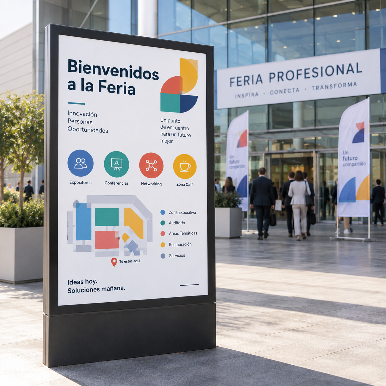 Cartel para negocios y hostelería instalado en mupi junto a una cafetería